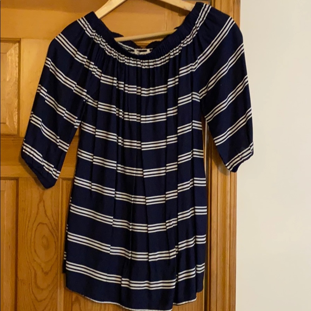 Off the shoulder navy/white stripe shirt